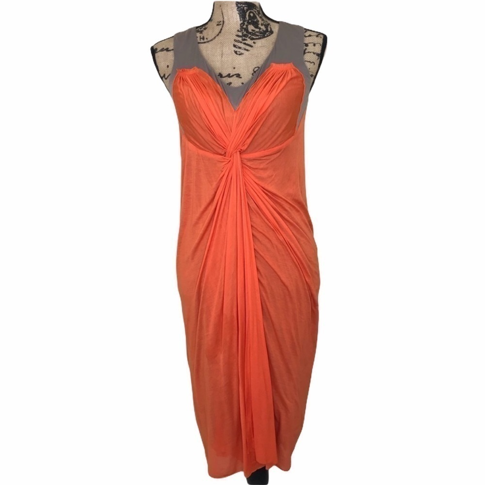 YIGAL AZROUEL Orange & Tan Draped Grecian Dress